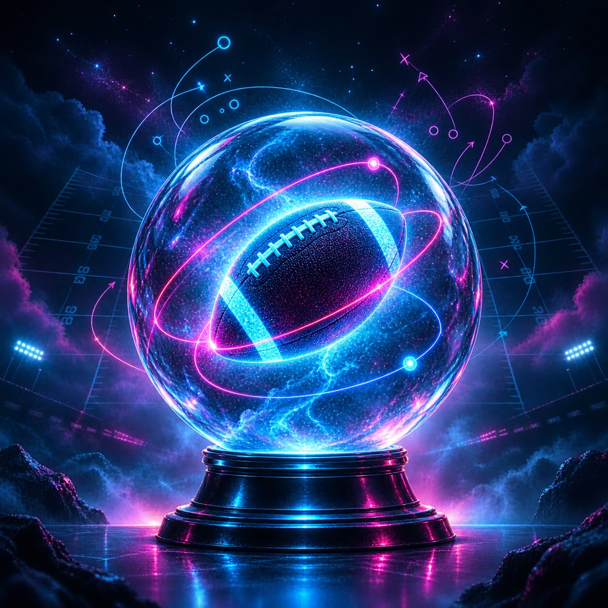 A glowing football inside a futuristic prediction orb